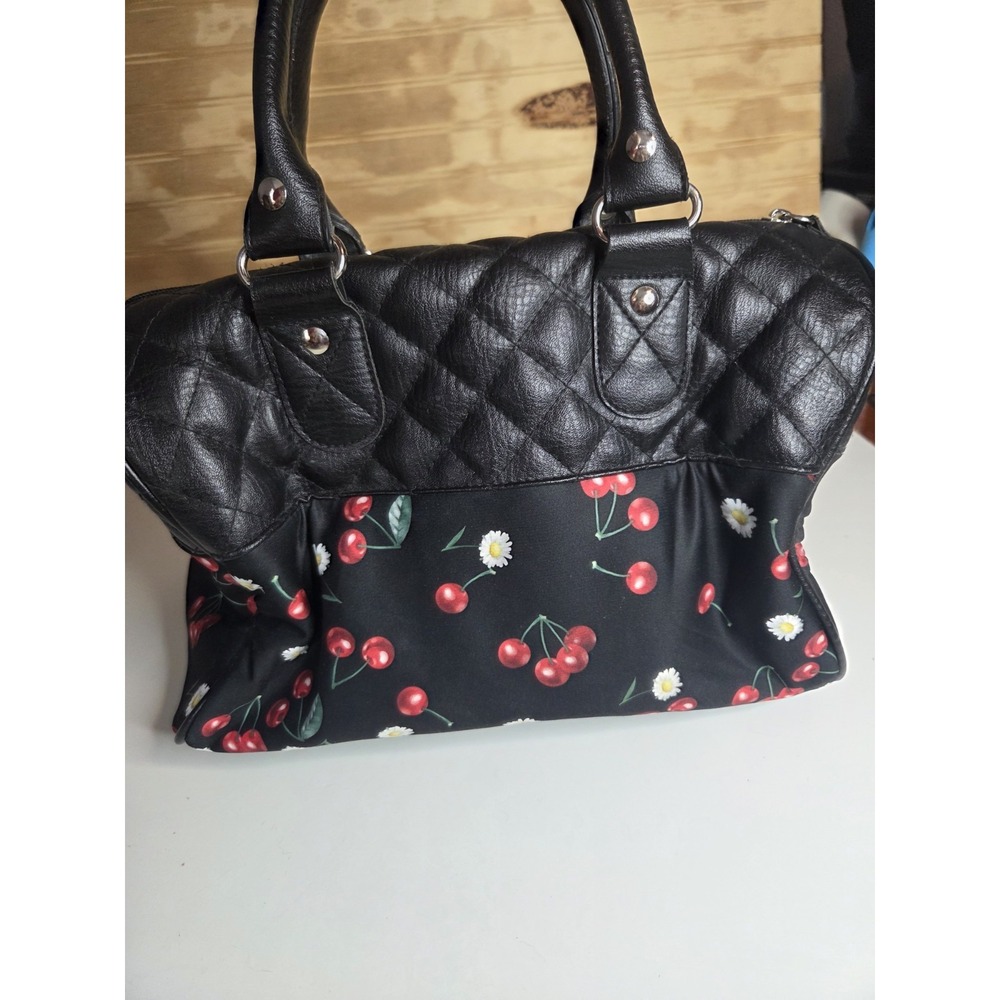 Liquorbrand Daisy Cherry Bowler Bag Quilted Satchel Duffel Shoulder Strap Black - Picture 7 of 9